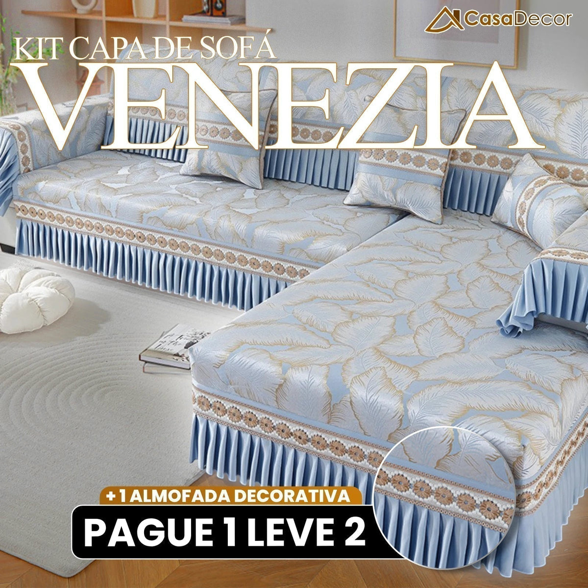 [Pague 1, Leve 2] Capa de Sofá Venezia (Toque de Charme Italiano pra Sua Sala!) + BRINDE: 2 Almofadas
